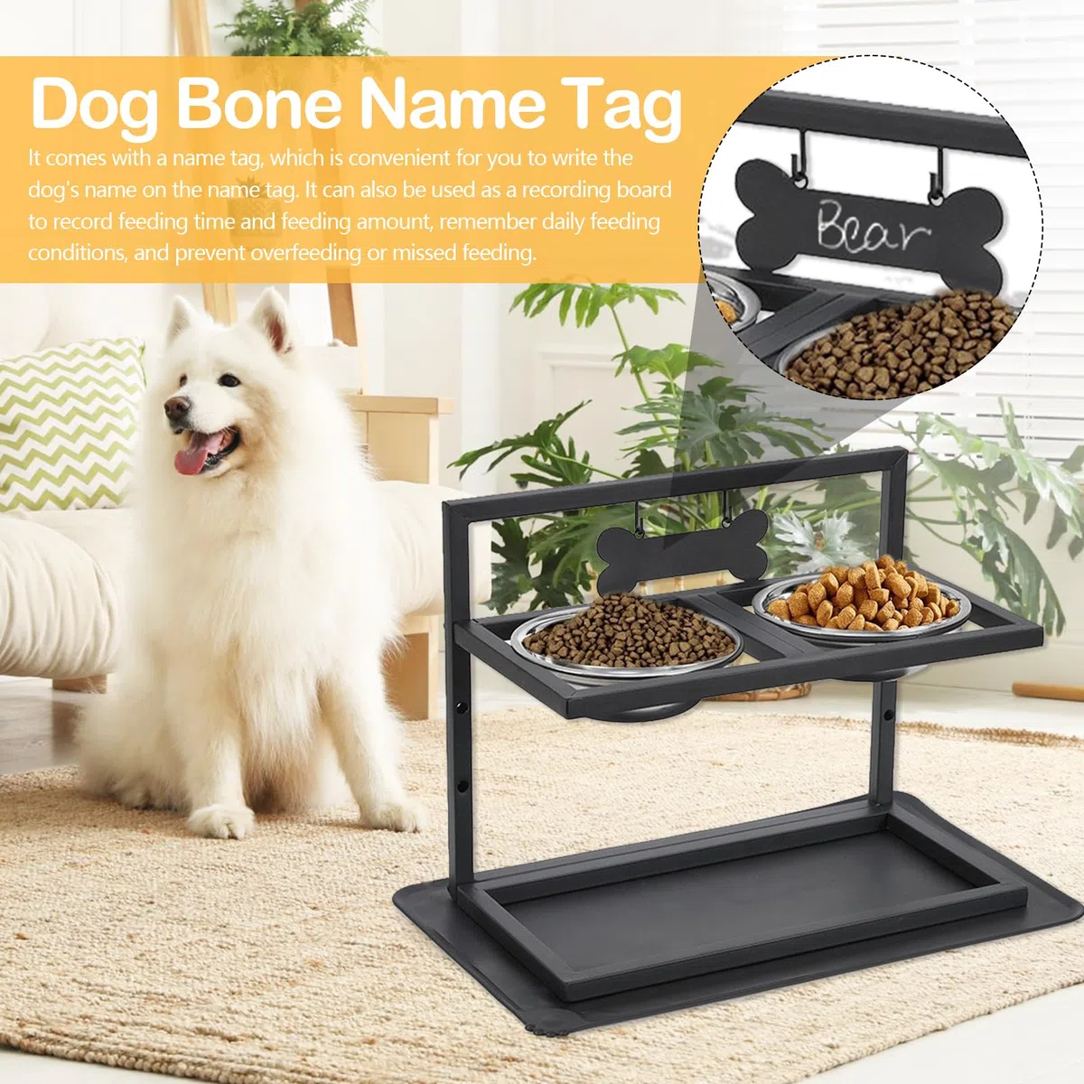 Comedero Elevado para Perros con 2 Cuencos De Acero Inoxidable Tapete Antifugas Altura Ajustable En 3 Niveles Color Negro 42 X 32 X 20,5 Cm