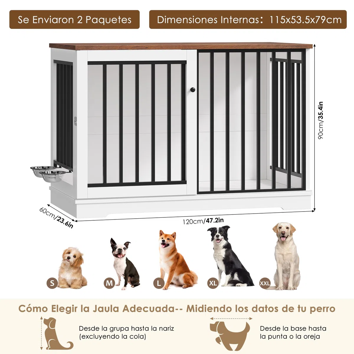 FirFurd 120cm Jaula para Perros,Mesa Auxiliar con Puerta corredera, Jaula Perro Grande para Casa de Madera,para Animales Acero para Perros Medianos y Grandes 120 x 90 x 60 cm (Blanco+Marrón)