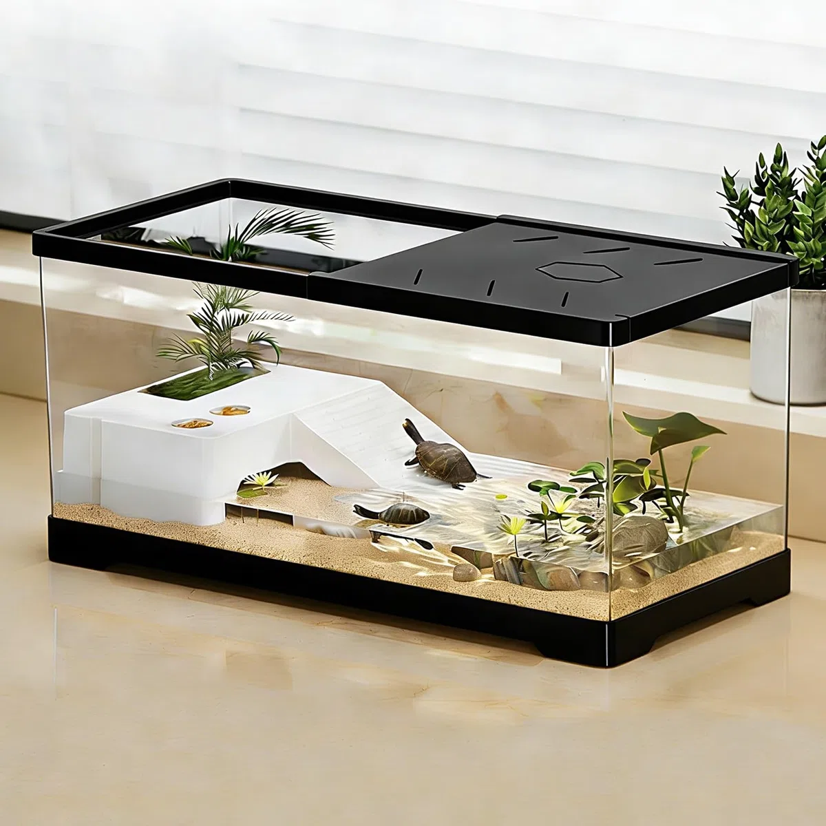 Pecera de Tortuga con Plataforma para Tomar el Sol y Drenaje Inferior, 30 x 18 x 18,5 cm Tanque de Tortugas acuáticas para Tortugas Juveniles, cangrejos de río, cangrejos, Anfibios（Negro）