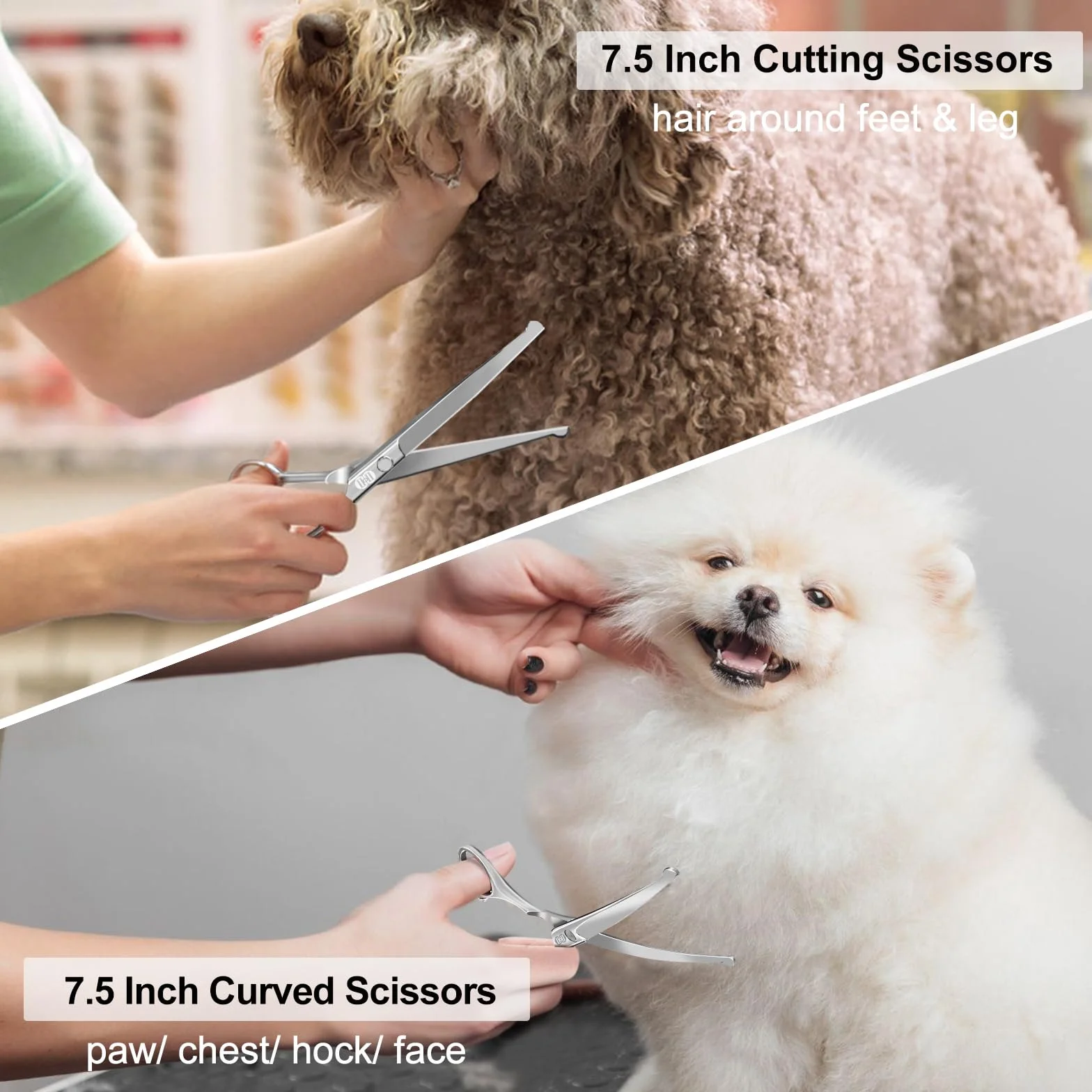 CIICII Tijeras para Perros, 7,5" Juego de Tijeras Peluqueria Canina Profesional (Gato Perro Aseo Tijeras Entresacar & Tijeras Curvas) para Aseo Mascotas Bricolaje (Punta Redonda-9 Pcs-Plata)