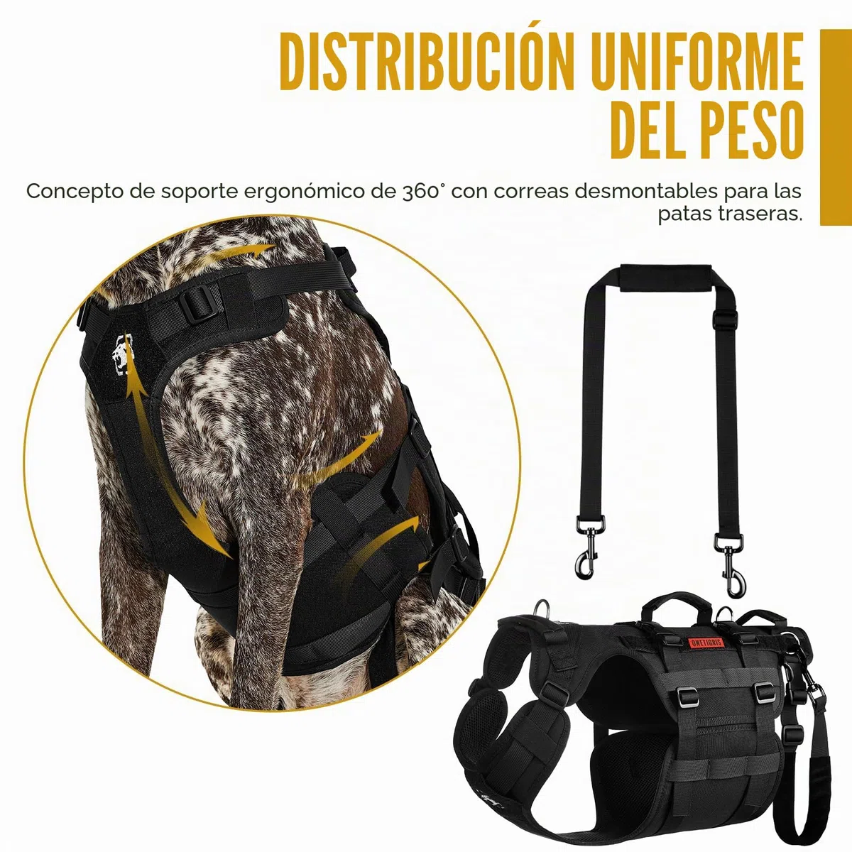 OneTigris Arnés de Apoyo Invictus para Perros Medianos y Grandes - Arnés de Elevación y Seguridad Con 3 Asas, Correas Ajustables Desmontables y Correas Traseras