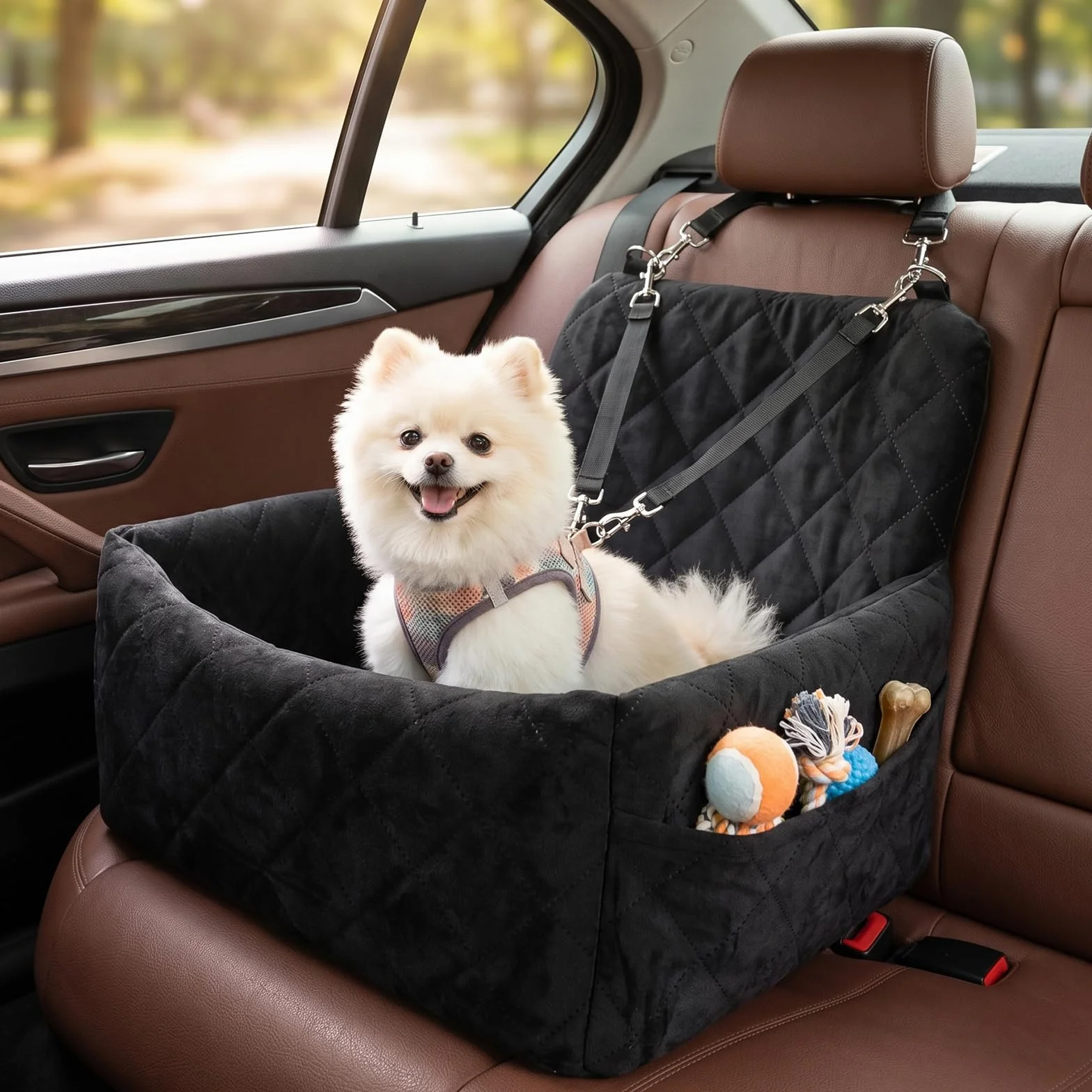 Asiento de coche para perros pequeños, cama de coche para perros con espuma viscoelástica gruesa, asiento elevador para cachorros para perros pequeños, lavable desmontable y 2 cinturones de