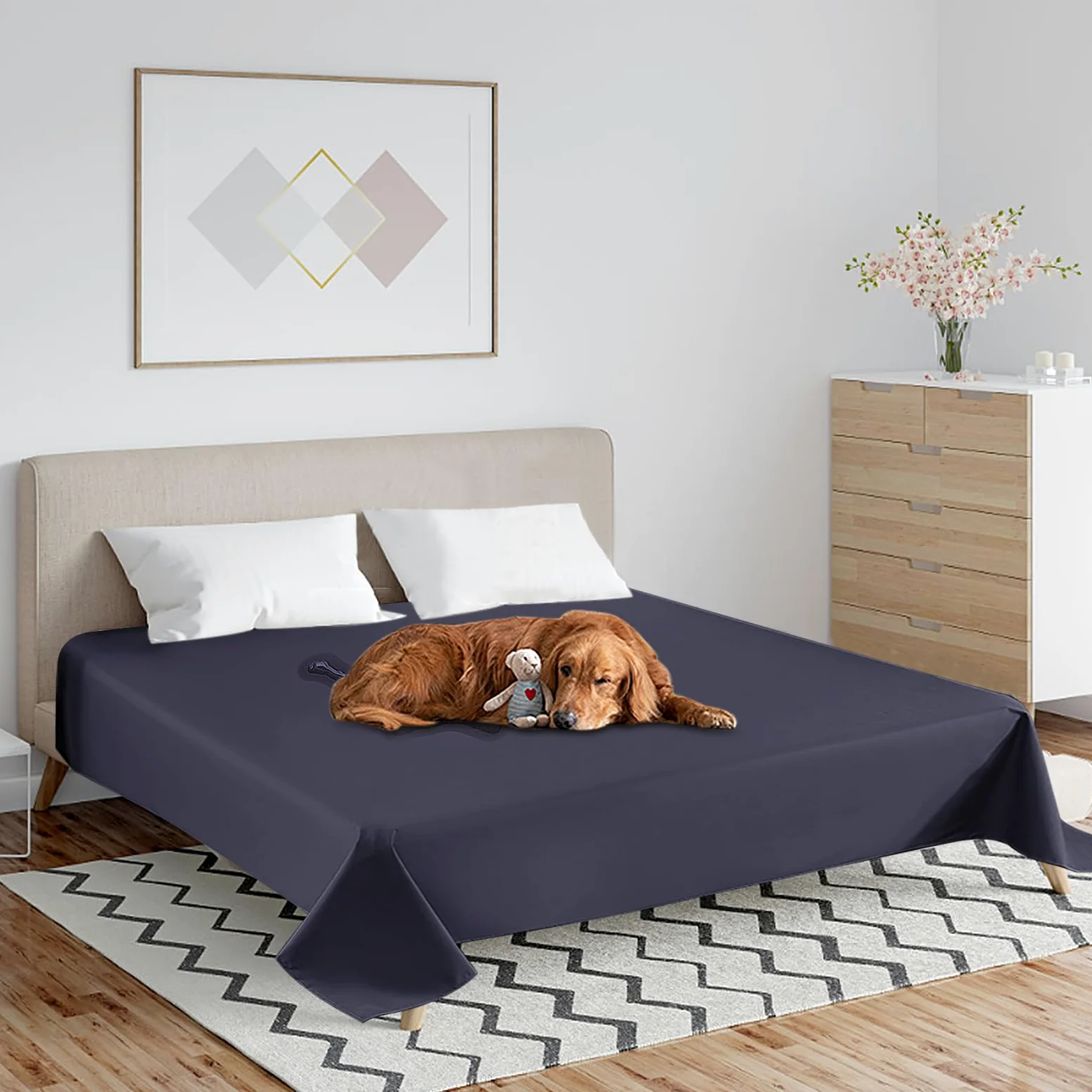 Colcha impermeable y transpirable, de microfibra cepillada+TPU doble, resistente a los arañazos, lavable, manta protectora para perros, gatos, niños (azul marino, 230 x 250 cm)