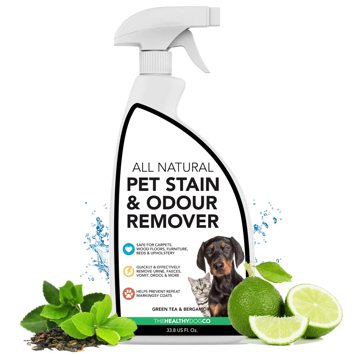 The Healthy Dog Co Eliminador de Manchas y olores de Mascotas Totalmente Natural para Perros y Gatos | Mata gérmenes, Elimina vómitos, orina, heces, Baba, olores | 1 litro