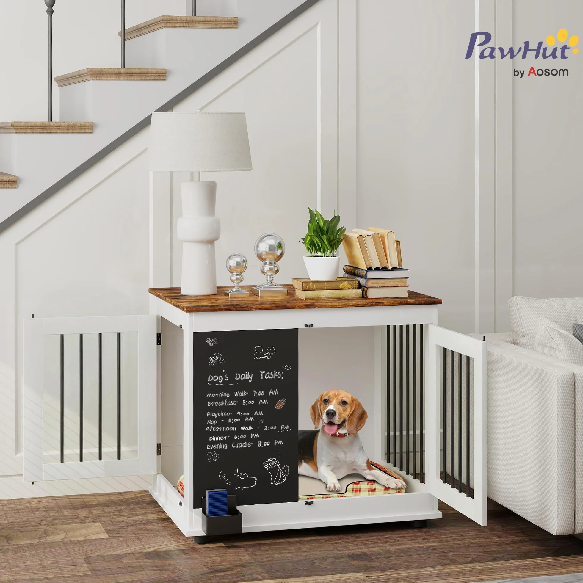 PawHut Jaula para Perros, Jaula para Perros de Interior, con 3 Puertas, Pizarra, Doble función, para Perros medianos de hasta 20 kg, 80 x 60 x 70 cm, Blanco
