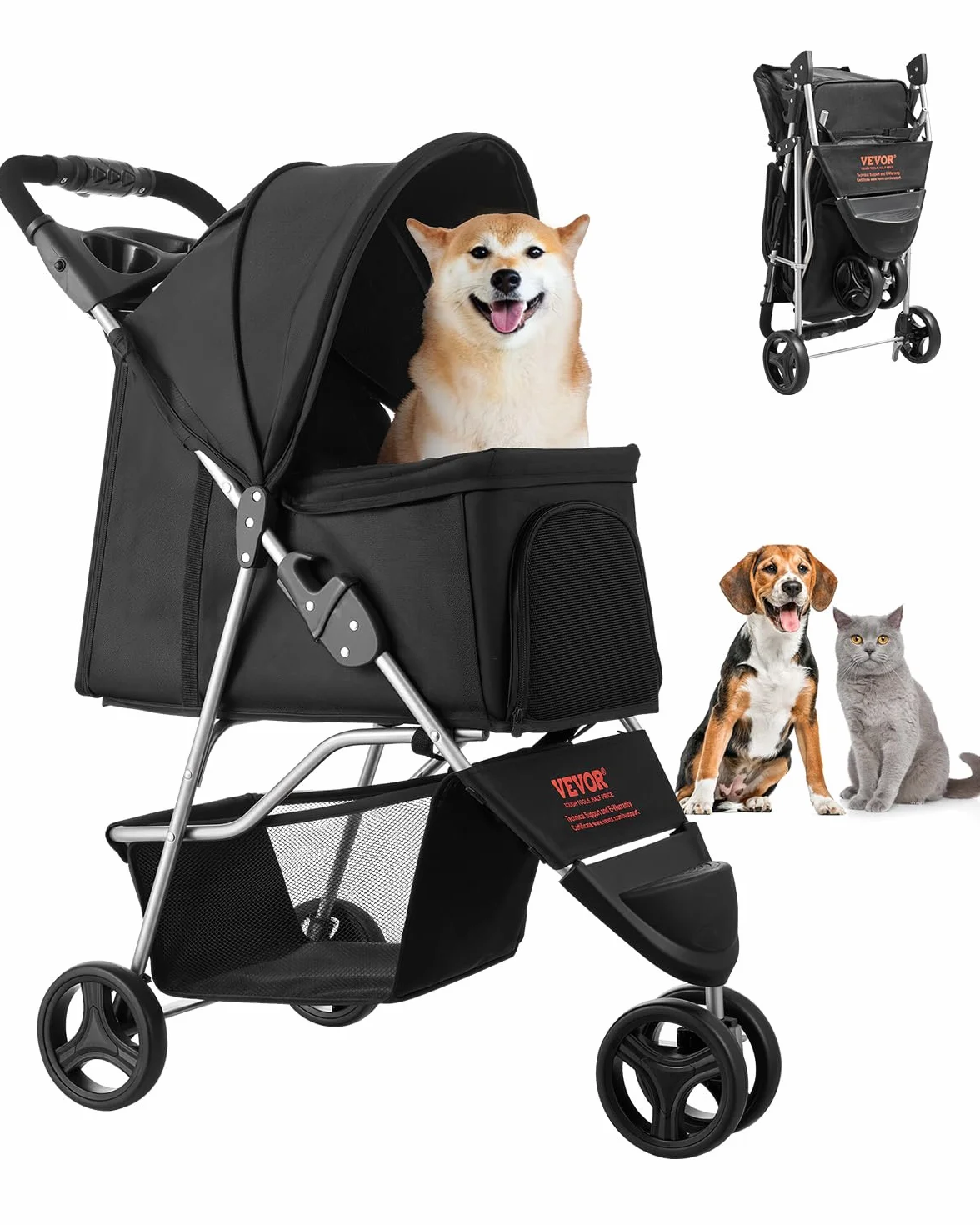 VEVOR Cochecito para Mascotas Capacidad 16kg Carrito Plegable para Perros de 3 Ruedas con Ventana de Malla y Portavasos Cochecito Portátil Tela Oxford 600D con Freno para Mascotas Pequeñas Medianas