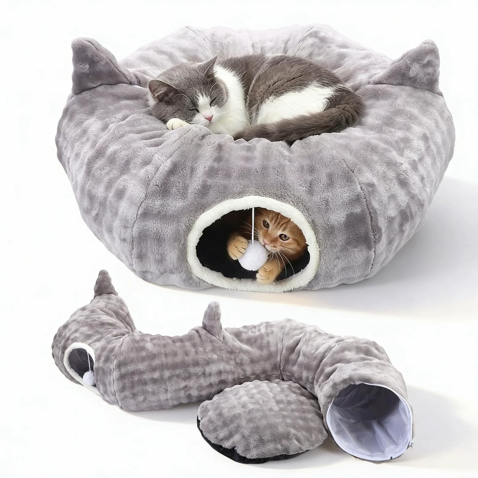 Tunel para Gatos, Túnel de Juego y Cama Gato 2 en 1 con Juguetes Colgantes, Cat Tunnel con 2 Entradas, Cojín Circular Lavable, Túnel para Gatos Plegable para Gatitos/Cachorros/Conejos