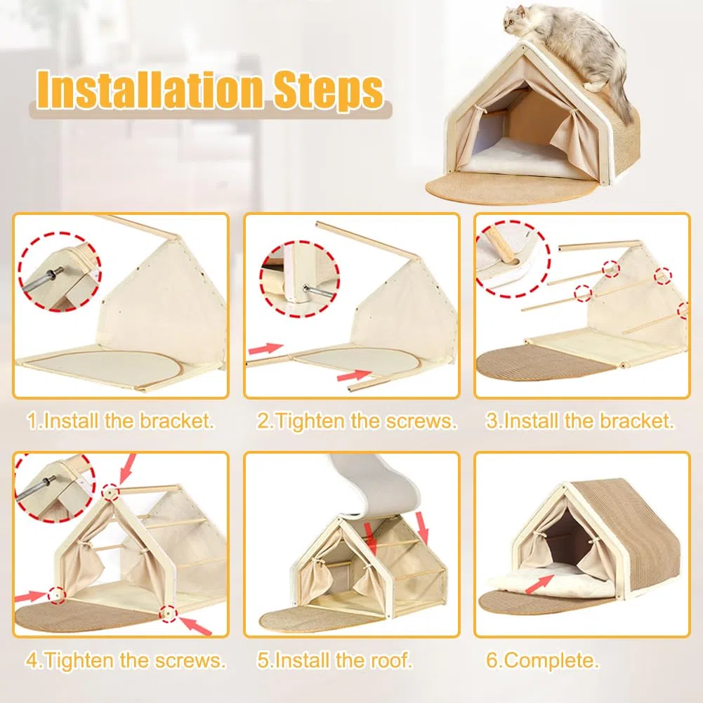 Casa para gatos, tienda de campaña para gatos, de sisal, 2 en 1, de madera, para interiores, casa para gatos con tabla rascadora para gatos de interior, cálido refugio para gatos