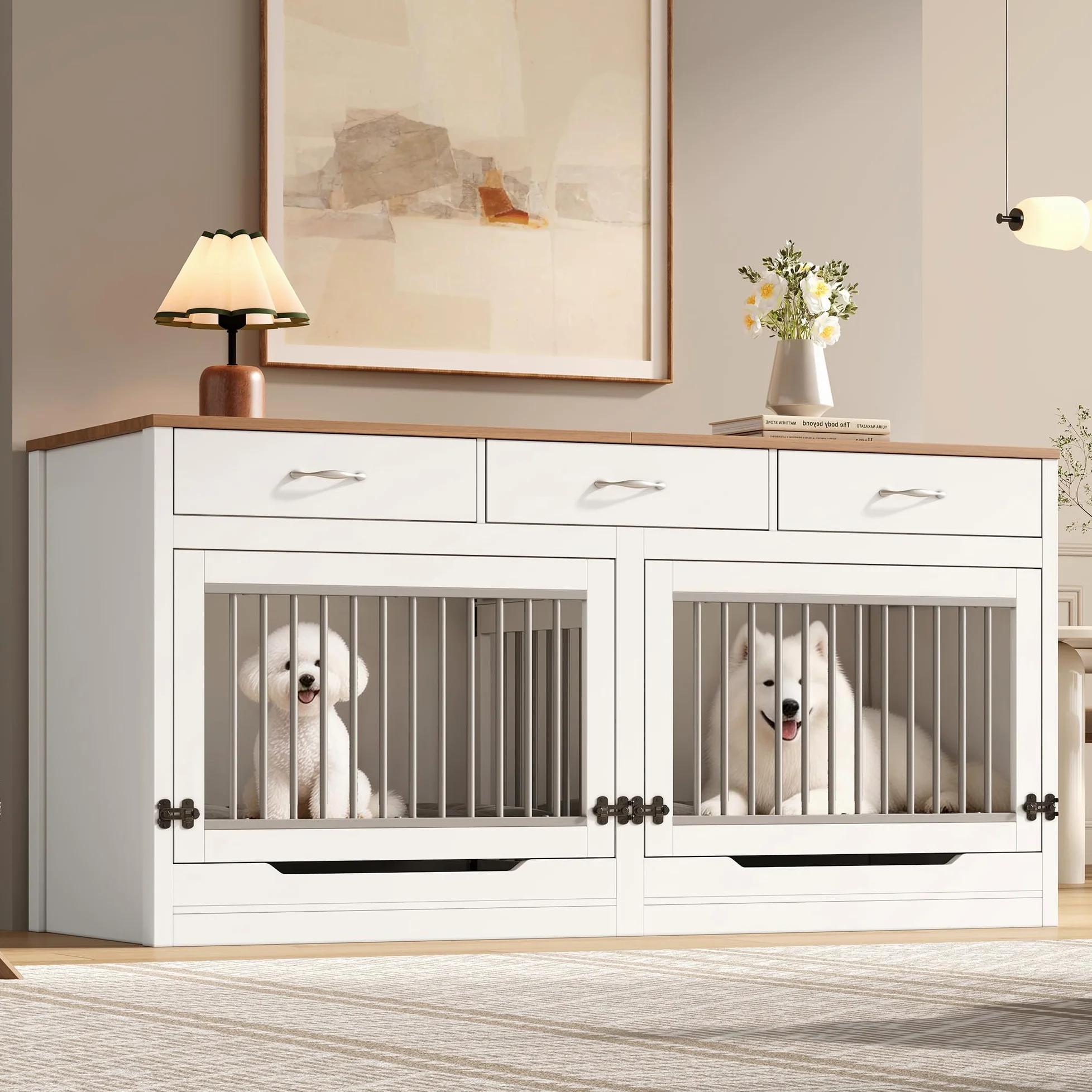 Jaula para perros XXL, muebles de madera y metal, jaula para perros, con 3 cajones y 2 puertas, caseta interior para perros, caseta para el hogar, tapa abatible, divisor extraíble (blanco + aspecto de