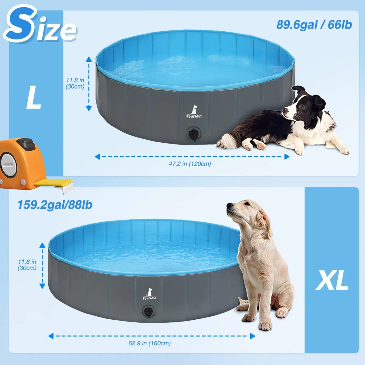 Pourbibi Piscina para Perros Grandes, Piscina De Baño Plegable para Perros, Antideslizante, Piscina Infantil para Niños Y Perros, 120 X 30 Cm