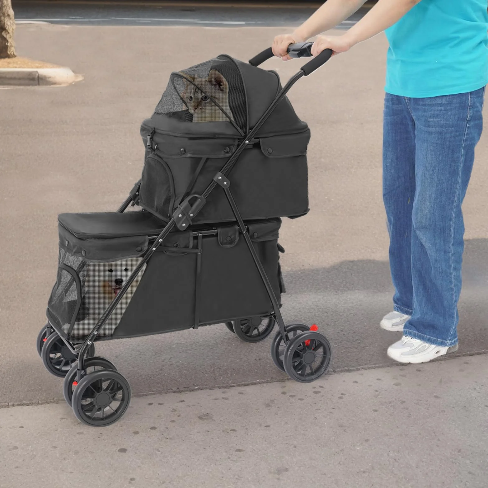 Carro de mascotas de 2 capas para perros y gatos, cochecito plegable de doble cubierta con ventana de malla, freno y bolsa de almacenamiento, estructura estable de acero de carbono, con capacidad de