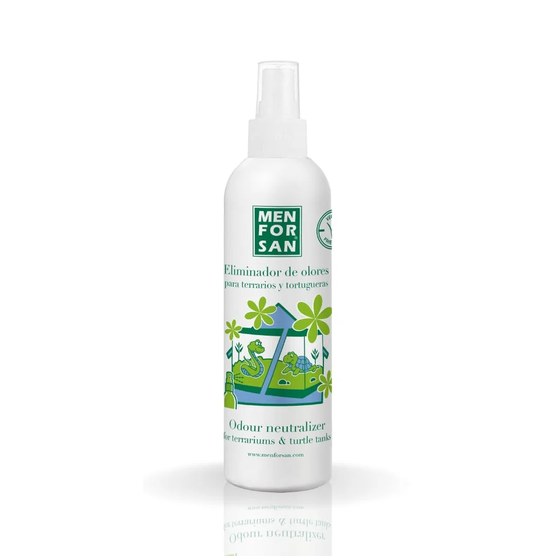 MENFORSAN Eliminador de olores terrarios | Elimina y Erradica los Malos olores | Fragancia Talco Natural | para el Entorno de Cualquier Reptil | 250 ml