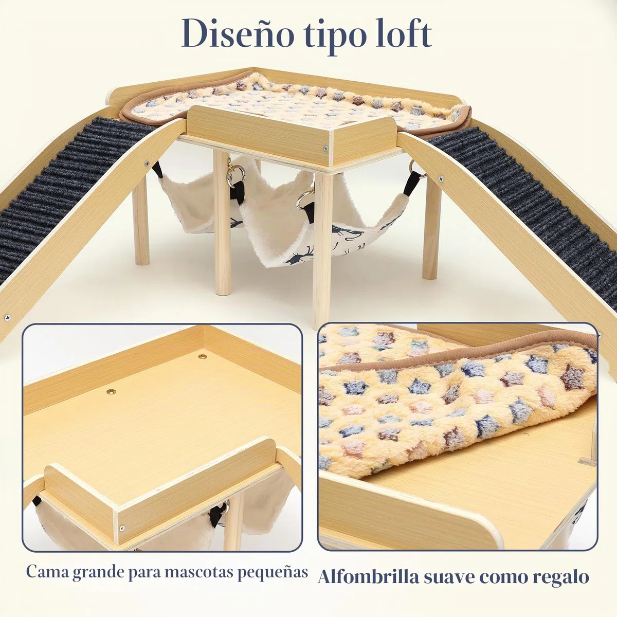 Casa para Cobaya con 2 Rampa y Hamaca, Juguete para Cobayas Accesorios, Hábitats de Animales Pequeños, Madera Casita para Conejo para Jerbos Degus Ratones Espinosos