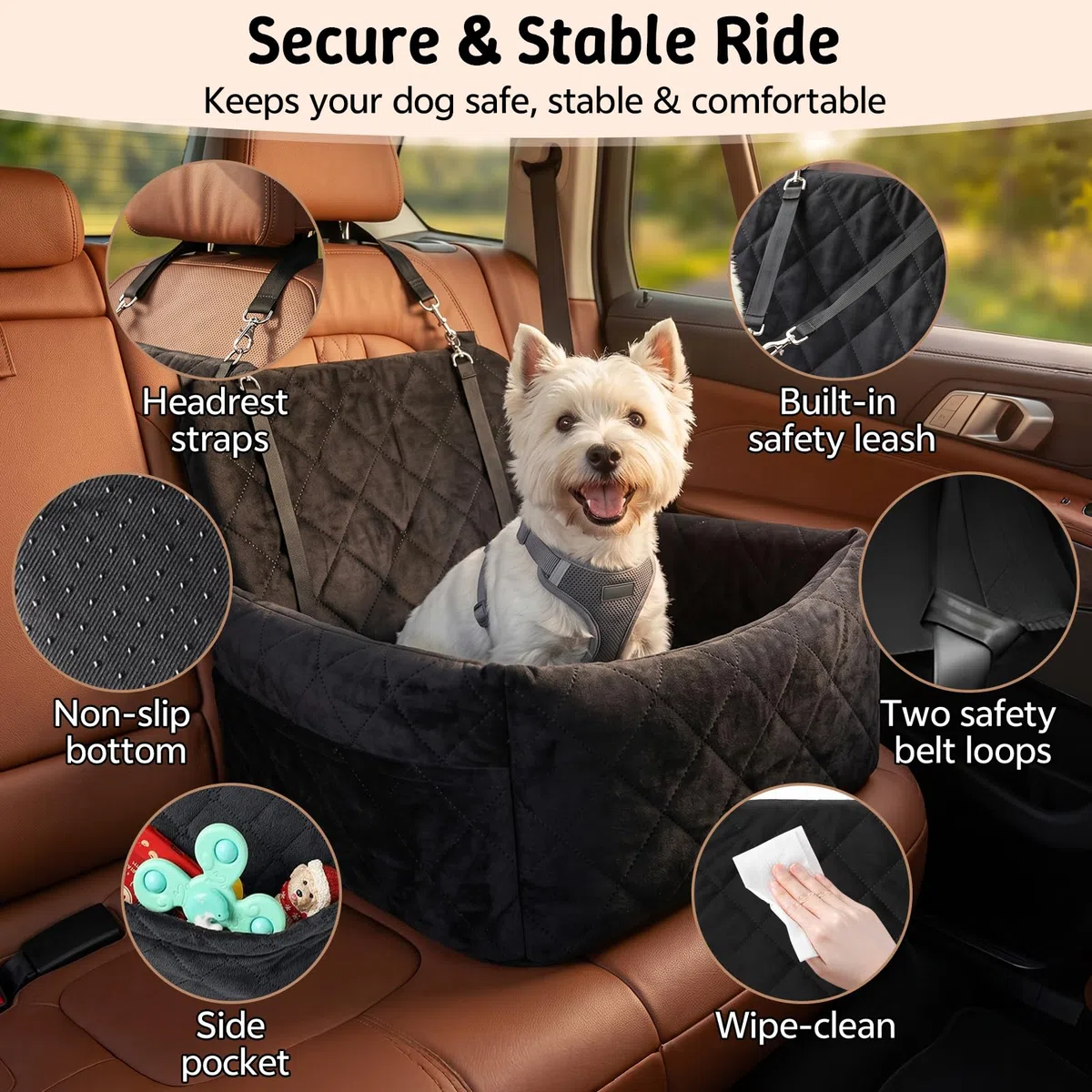 Asiento de coche para perros pequeños, cama de coche para perros con espuma viscoelástica gruesa, asiento elevador para cachorros para perros pequeños, lavable desmontable y 2 cinturones de