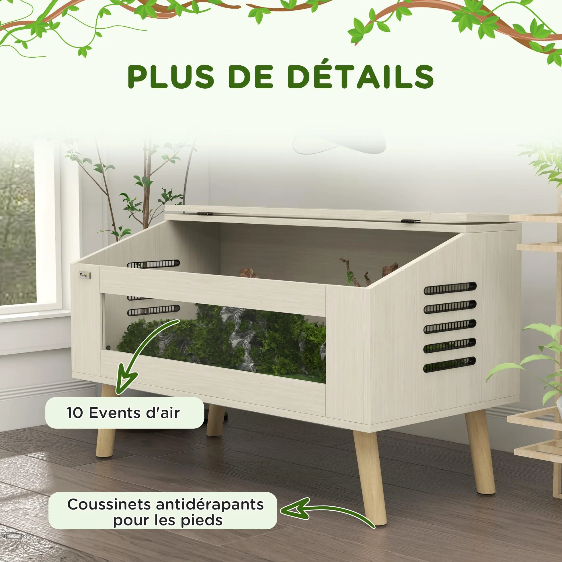 PawHut Terrarium para reptiles con ventilación lateral, Vivarium para serpientes 140L con ventanas de vidrio templado, tapa, 100x50x60 cm, madera natural