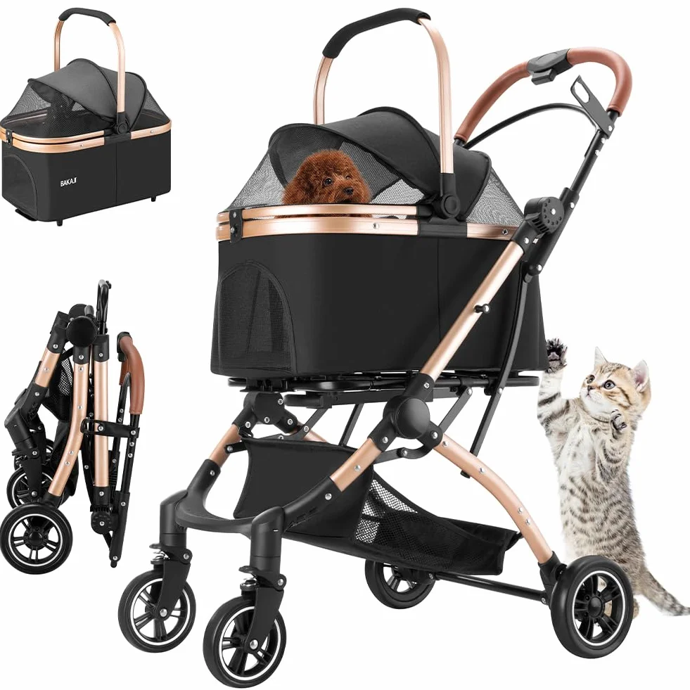 BAKAJI Cochecito para perros y gatos 2 en 1 con capazo extraíble y cierre ahorra espacio, cochecito para mascotas con cápsula transportín extraíble y techo abatible, peso máx. 50 kg (negro)