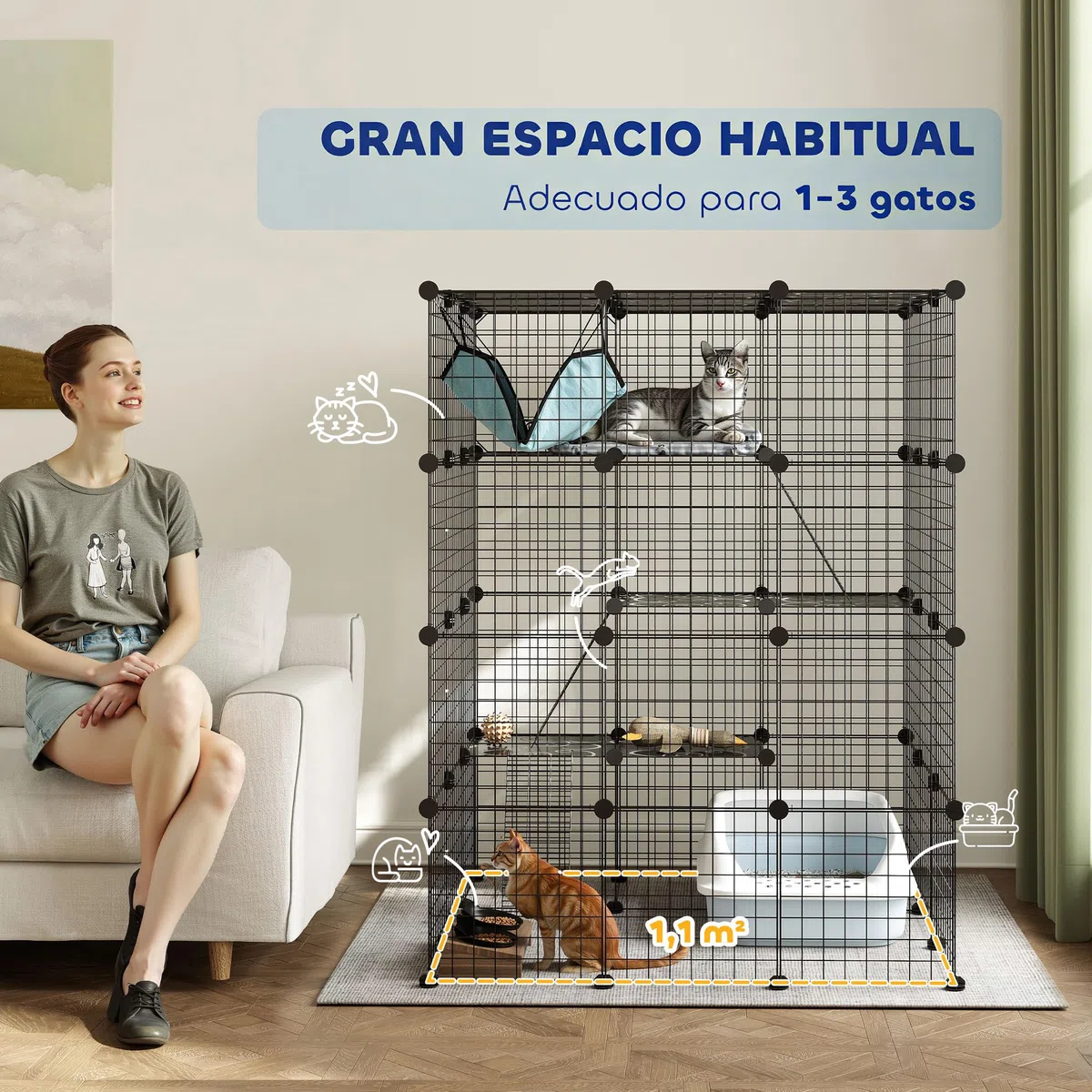 PawHut Jaula Grande para Gatos Interior de 4 Niveles con 5 Puertas, 3 Plataformas de Salto y 3 Rampas, Hamaca, Recinto y Parque para Mascotas, 105x105x140 cm, Negro