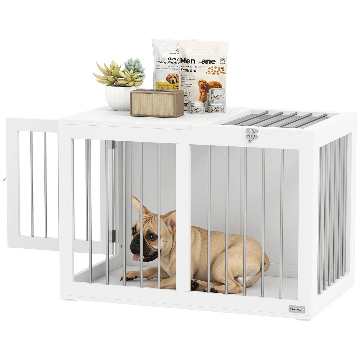 PawHut Jaula para Perros Medianos 2 en 1 Mesa Auxiliar Estilo Moderno con 2 Puertas con Pestillo y Estructura de Acero Inoxidable Casa para Perros 80x50x56,5 cm Blanco