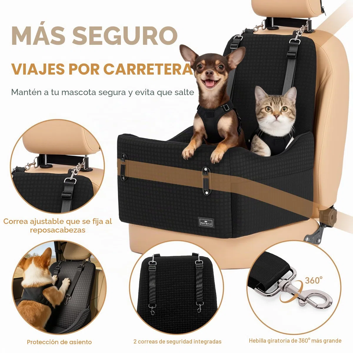 PETSFIT Asiento Elevado para Perros Pequeños/Medianos hasta 15 kg – Sistema de Seguridad Patentado, Cojín Viscoelástico de 13 cm, Desmontable y Lavable con 2 Bolsillos(Negro)