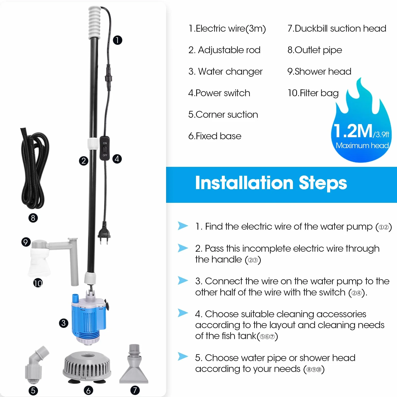 Weigudoc 6 en 1 Aspirador Acuario Electrico, Limpiador de Grava de Acuario Eléctrico, Kit de Aspirador Automático para Acuario para Cambiar de Agua y Lavar Arena