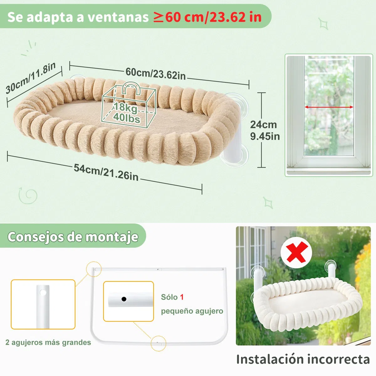 GUUSII HOME Hamaca Gato Ventana Plegable Cama con Ventosa Fuerte Gatos Grande Colgante Soporte Camita para Gatitos de Interior con Alfombra Reversible Cat Window Perch Bed 54 * 30cm (Camello Claro, M)