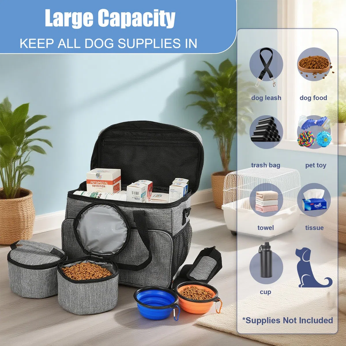 Bolsa de viaje para perros grande bolsa de viaje para perros, organizador de suministros para mascotas con 2 recipientes de comida y 2 cuencos plegables para perros y gatos, bolsa grande para