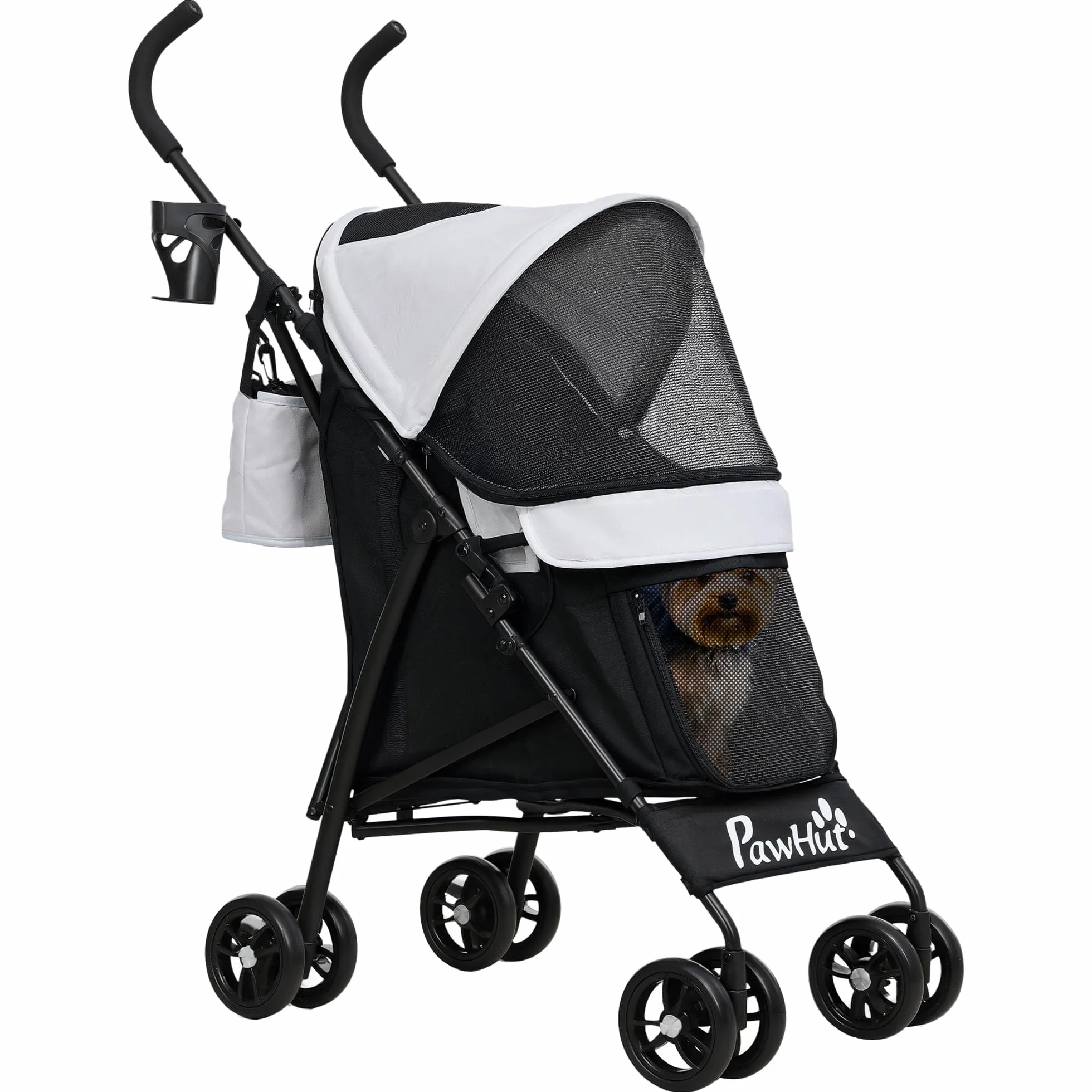 PawHut Cochecito plegable para perros pequeños con correas, bolsa portaobjetos y portavasos, cochecito para mascotas con ventanas de malla, 76 x 44 x 103 cm, negro y gris claro
