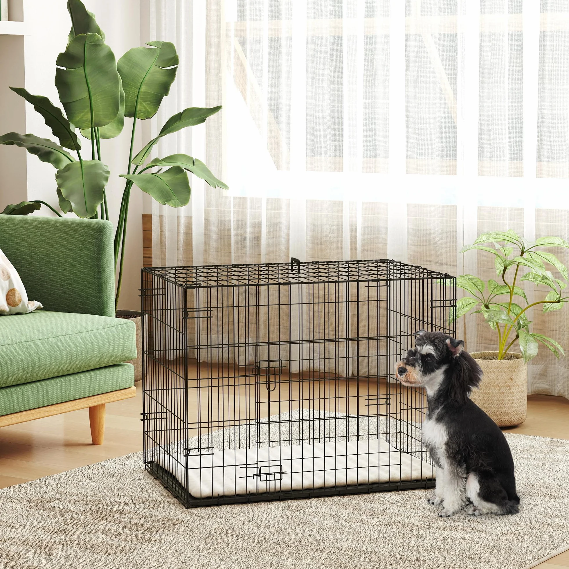 PawHut Jaula para Perros Plegable, Jaula para Perros Pequeños con Cojín, 2 Puertas, Bandeja Extraíble y Marco de Alambre Metálico, 75x48,5x53 cm, Negro y Beige