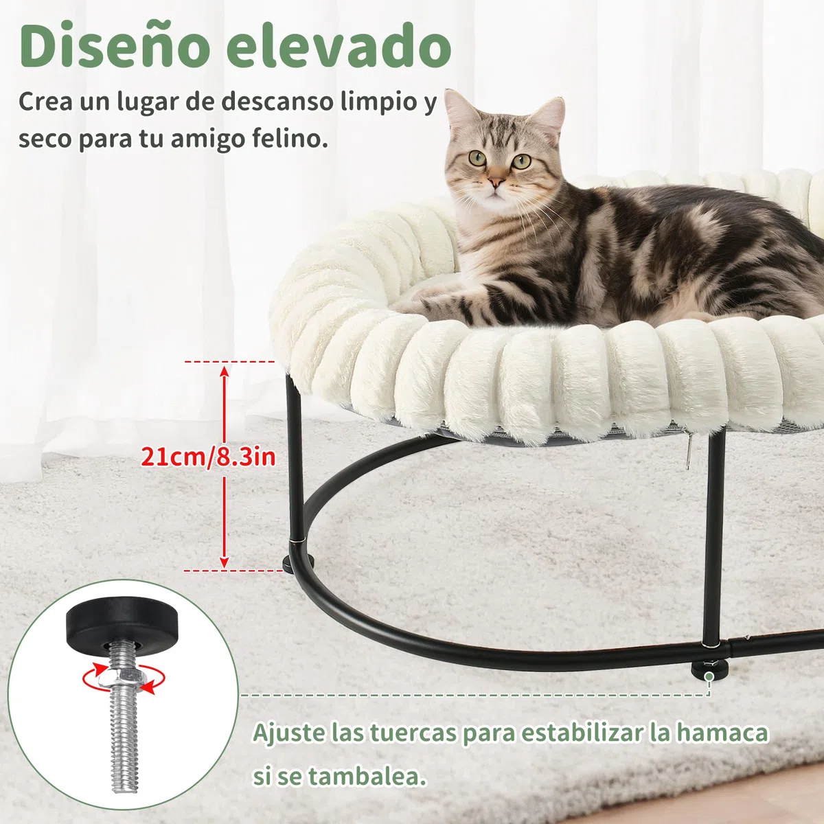 GUUSII HOME Elevada Cama para Hamaca Gato Grande Gatito Sofá Perro Pequeño Silla Mascotas Asiento con Marco de Metal Independiente Cojín Acolchado Lavable Fácil Montaje Cat Bed 58.5*43*21cm (Blanco)