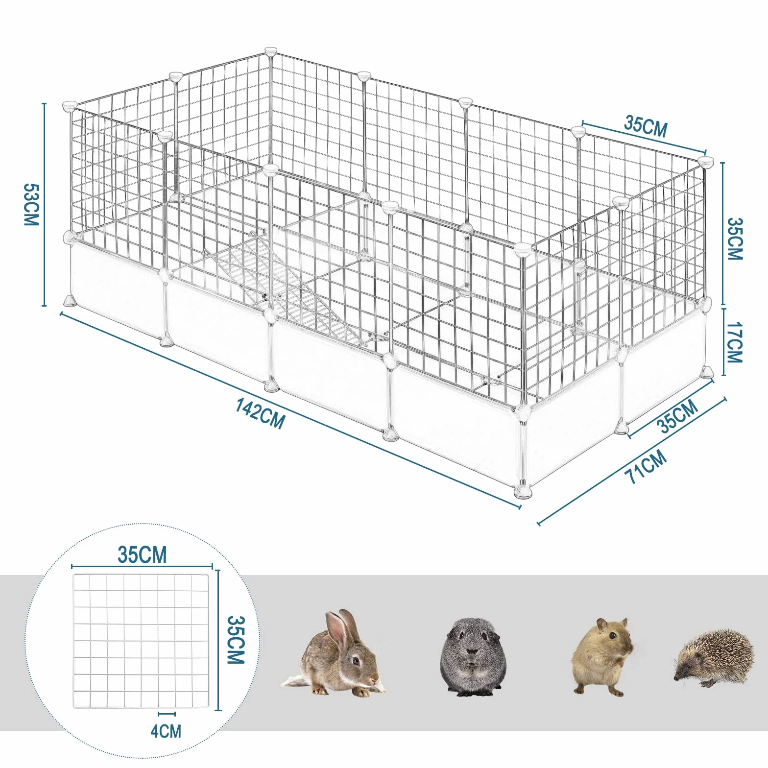 EUGAD Valla para Mascotas, Jaula Modular, Recinto Interior de Plástico con 35 Paneles, Jaula para Animales Pequeños, Personalizable Parque para Cobayas Conejos Chinchillas 142x71x53cm, Blanco