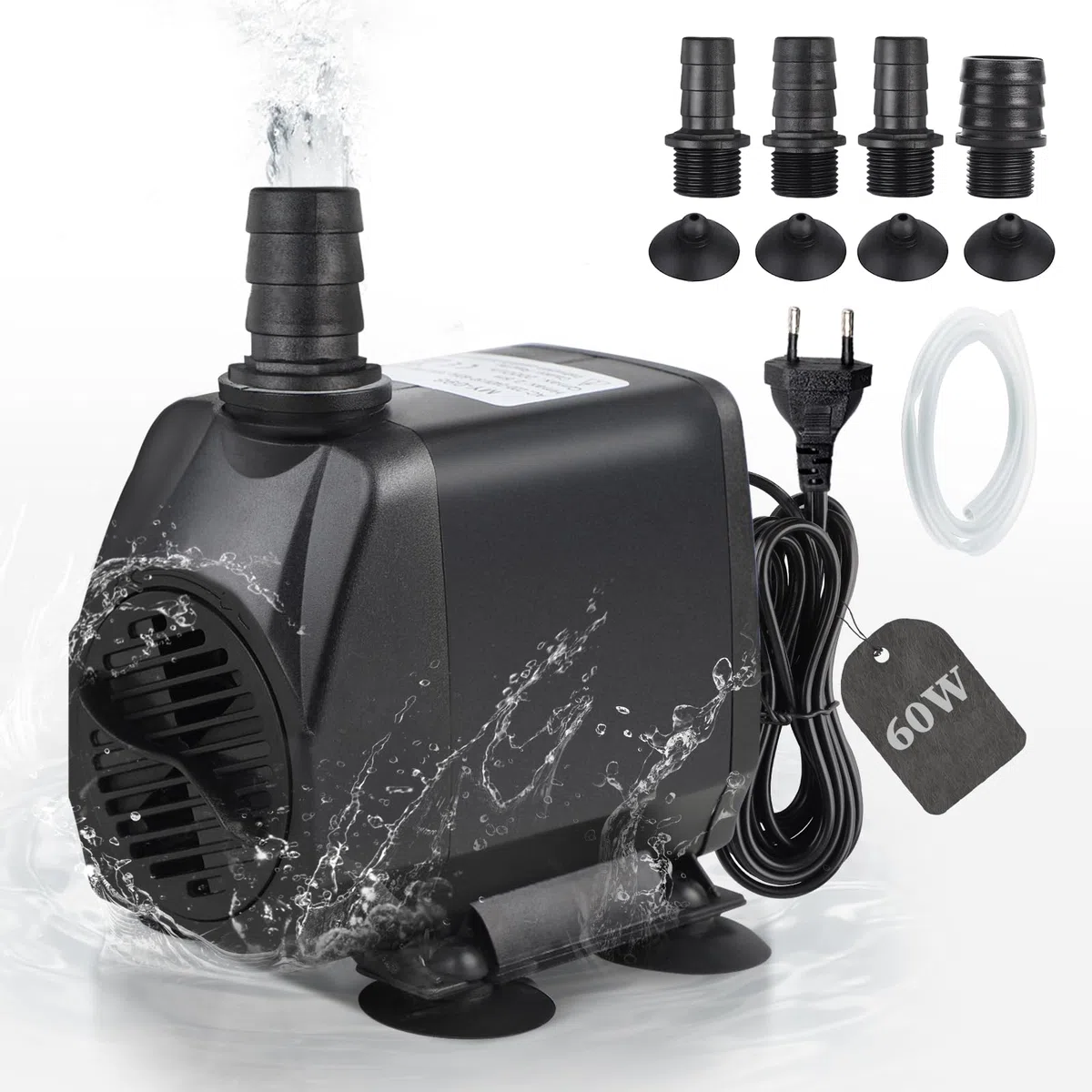 EXLECO Bomba Aguas Acuario max. 3500L/H Bomba Sumergible Aguas Sucias 60W 220V Bomba Fuente Exterior Bomba Estanque Bomba Achique Aguas Pequeña para Jardin Filtración, con 1 Manguera 4 Boquillas