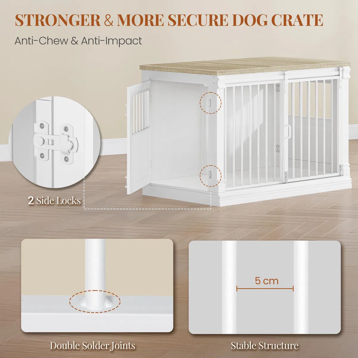 HEXCELEN 101cm Jaula para Perros, Mueble Mascotas Interior, Jaula Perro Grande para Casa de Madera, 3 Puertas, Mesa Auxiliar, Apto para Perros Medianos, 101 x 60,5 x 70 cm, Roble Blanco y Blanco