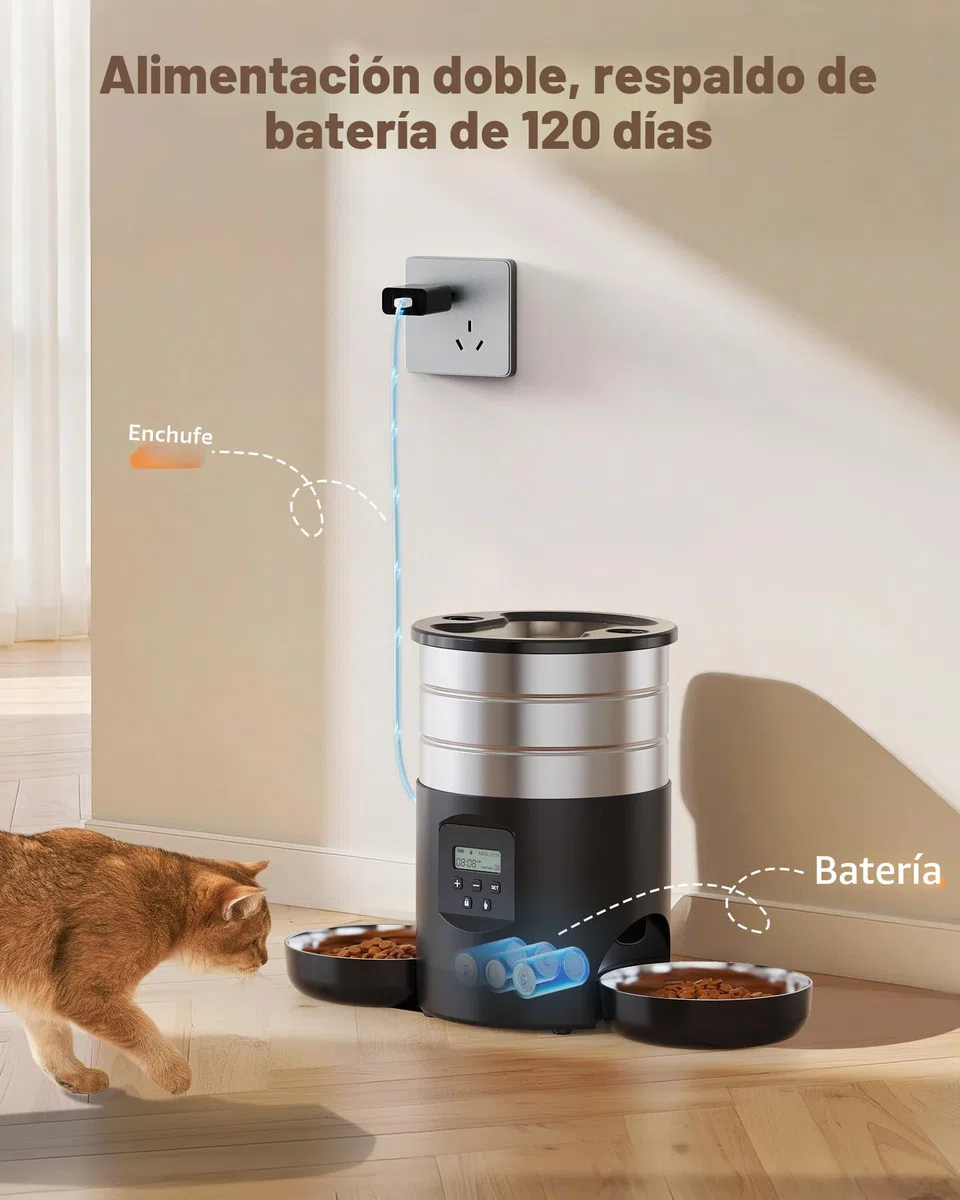 Comedero Gato Automatico Doble Cuencos: Dispensador Comida Gatos Acero Inoxidable - 5L Alimentador Perro con Programable Temporizador para Interior - Dosificador Pienso para Pequeño/Mediano Mascota