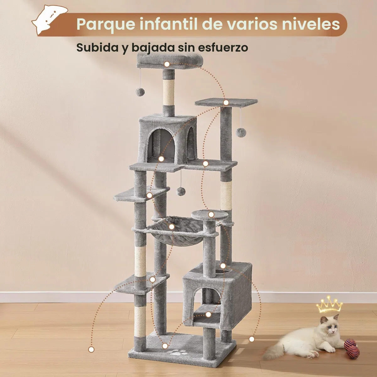 MSmask Árbol de gatos grande, L Árbol para gatos estable, árbol de rascar para gatos con 2 plataformas, 2 cuevas para gatos, hamaca, columnas de sisal, árbol de escalada de varios pisos para gatos