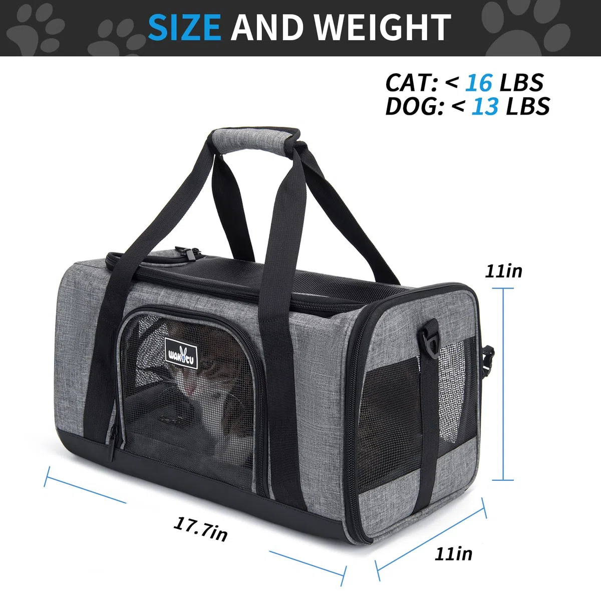 Wakytu Transportador de Mascotas para Gatos pequeños, Bolsa de Viaje para Perros con ventilación Adecuada, 5 Ventanas de Malla, 3 entradas, Cremalleras de Seguridad de Bloqueo, Hombro Acolchado y
