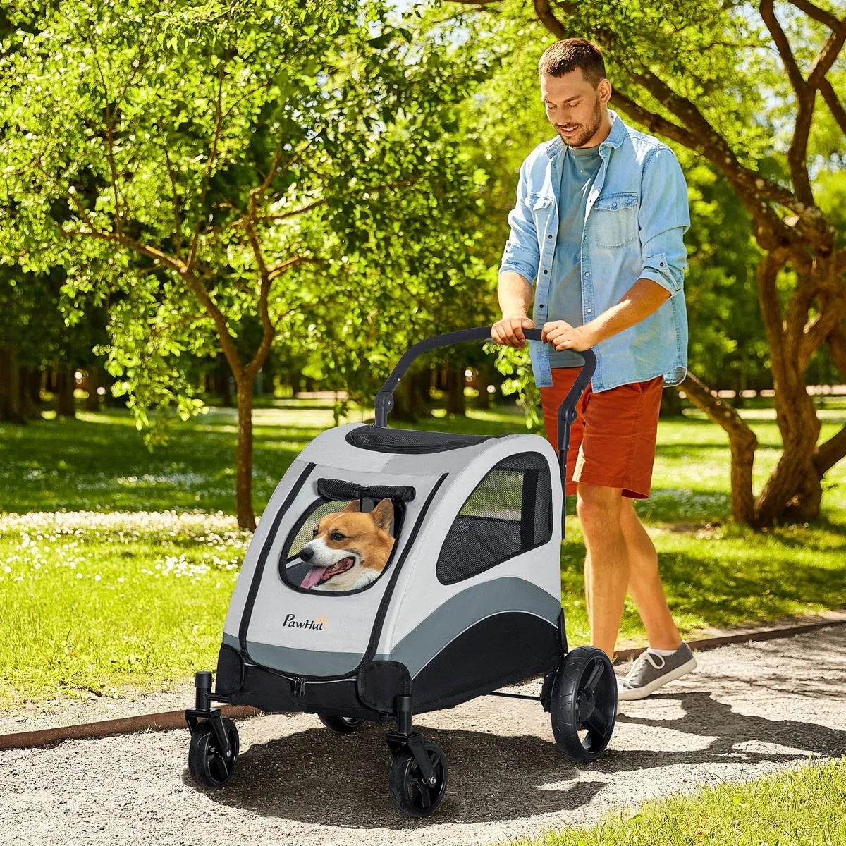 PawHut Cochecito para Perros Plegable Carrito para Mascotas Carrito para Perros con Ventanas Bolsillo de Almacenaje Correas de Seguridad y 2 Ruedas Universales Carga 330 kg 107x67x102 cm Gris