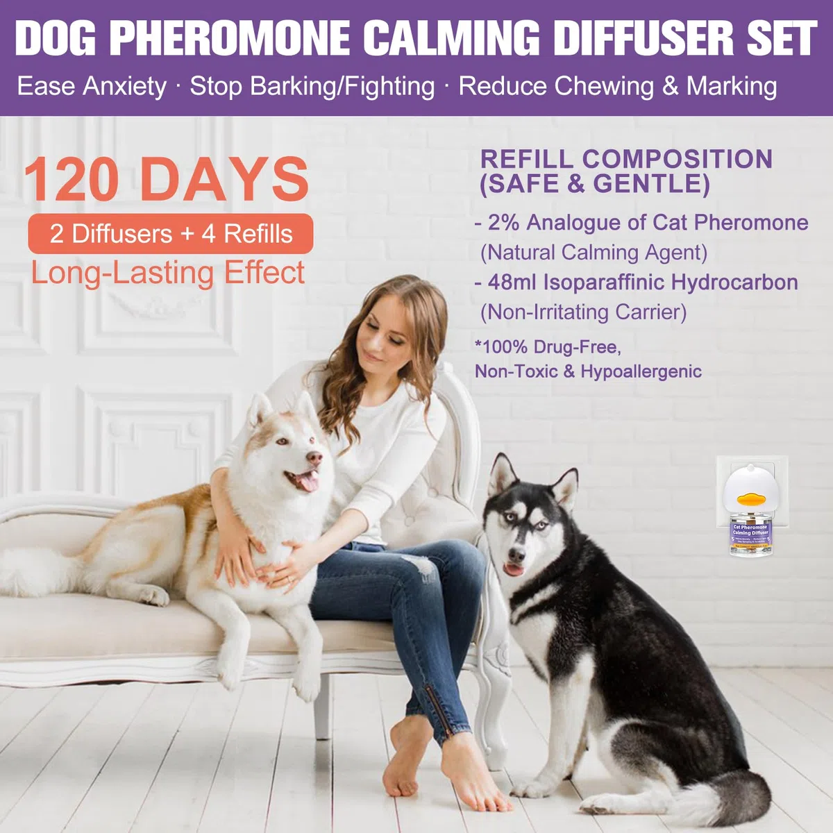 SLE Feromonas para Perros,Difusor Calmante para Perros Difusor, Gato Perros ArañAzos Soluciona Cambios Marcaje Orina, Reduce los Ladridos (2 Difusores + 4 Recargas)