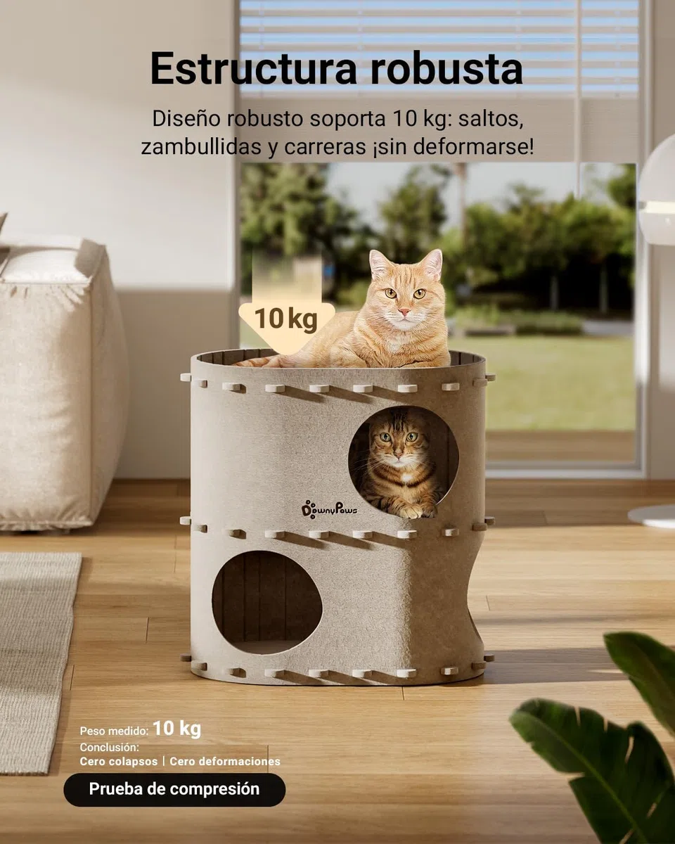 DownyPaws Cama para Gatos de Felpa, 2 Pisos Casa Gato 50x33x50 cm, Castillo de Juego, Diseño Acogedor, Protector de Uñas, Beige