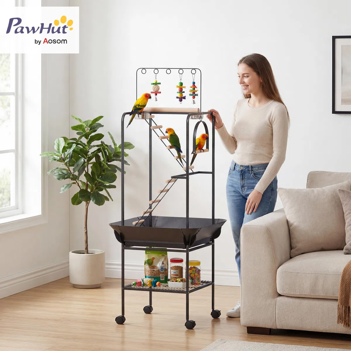 PawHut Parque de Juegos para Pájaros, Soporte para Pájaros con Ruedas, Escaleras, Columpio, Protector de Semillas, Bandeja, Comederos, Perchas, Gancho, Estante, para Periquitos Cacatúas, 63x63x163 cm