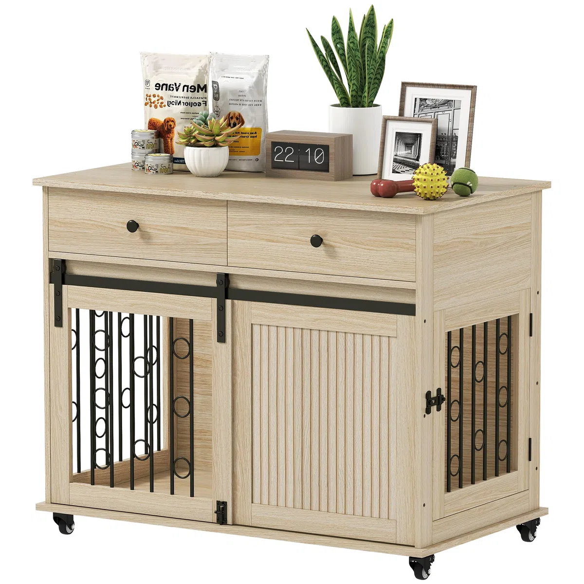 PawHut Jaula para Perros con Ruedas, Mesa Auxiliar, Casa para Mascotas Moderna con 2 Cajones, 2 Puertas y Cierre, para Perros Medianos y Grandes, 100x56x81 cm, Roble