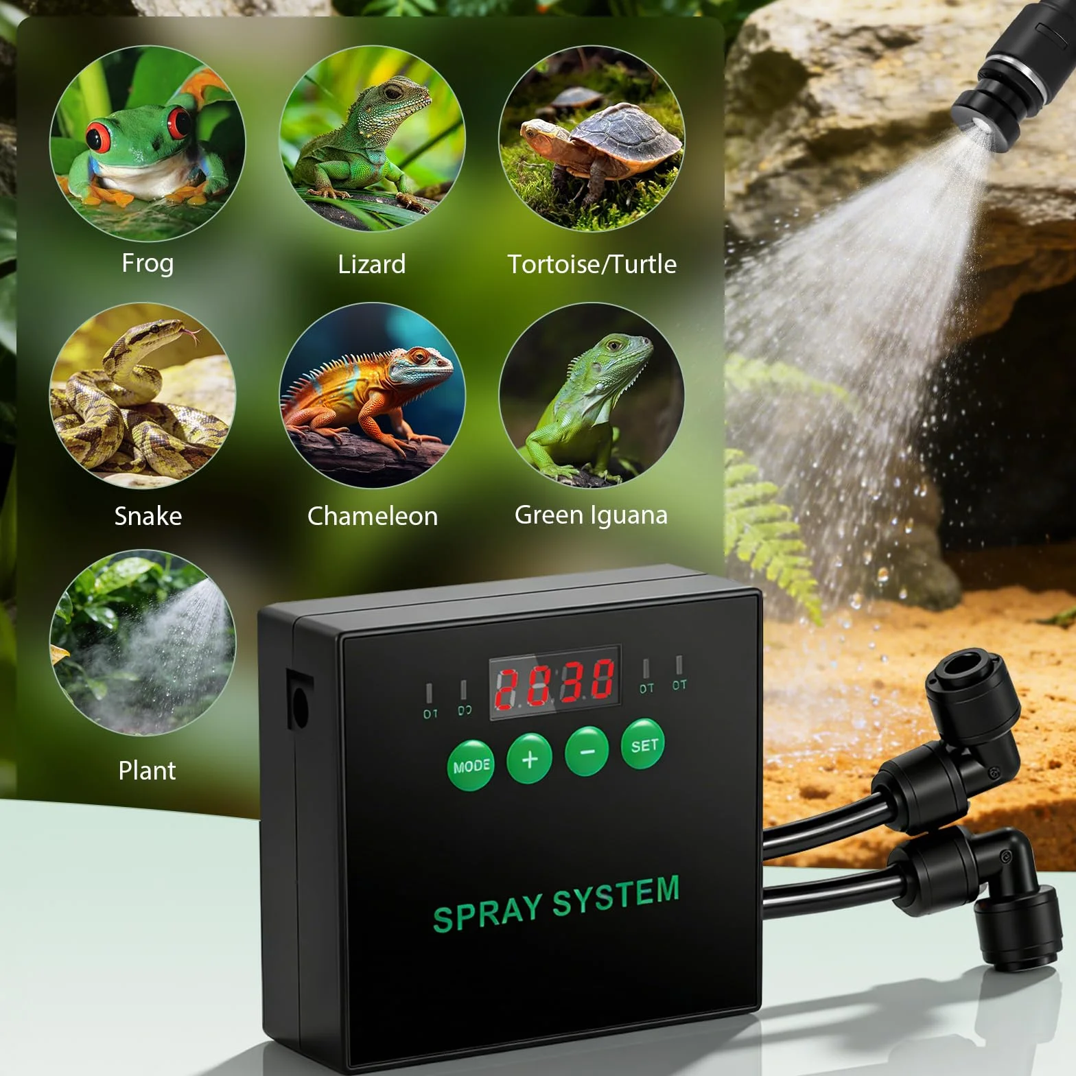 Sistema inteligente para reptiles, humidificador de reptiles, sistema de niebla para terrario con boquillas de pulverización de 360° y temporizador para flores/selva/reptiles/anfibios/plantas