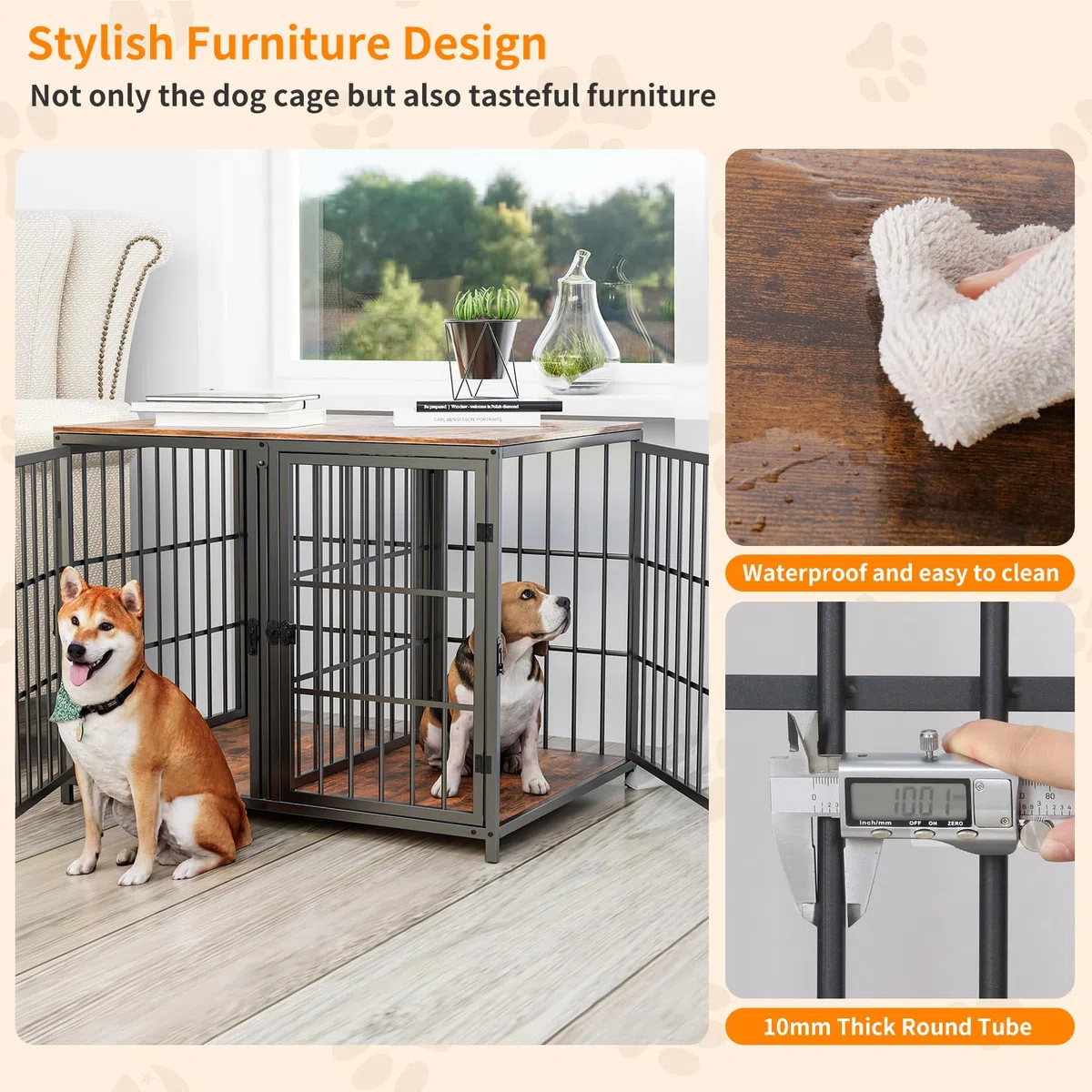 Bingopaw Jaula Perro Mediano Grande Mueble 90X62X68,5cm con Divisor Jaula Perros Madera con Hierro Fuerte Anticorrosivo y Superficie de Mesa y Cuerpo Conectable Dog Crate de 2 Habitaciones