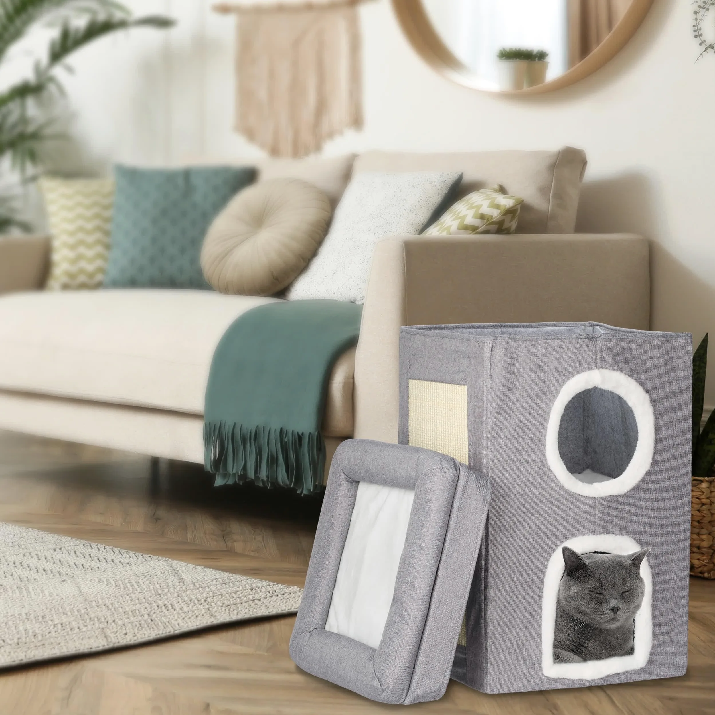 Relaxdays Casa para Gatos con 2 Cuevas, Nivel Superior Abierto, Cama Gatitos, con Rascador, 63x40x40 cm, Gris y Blanco