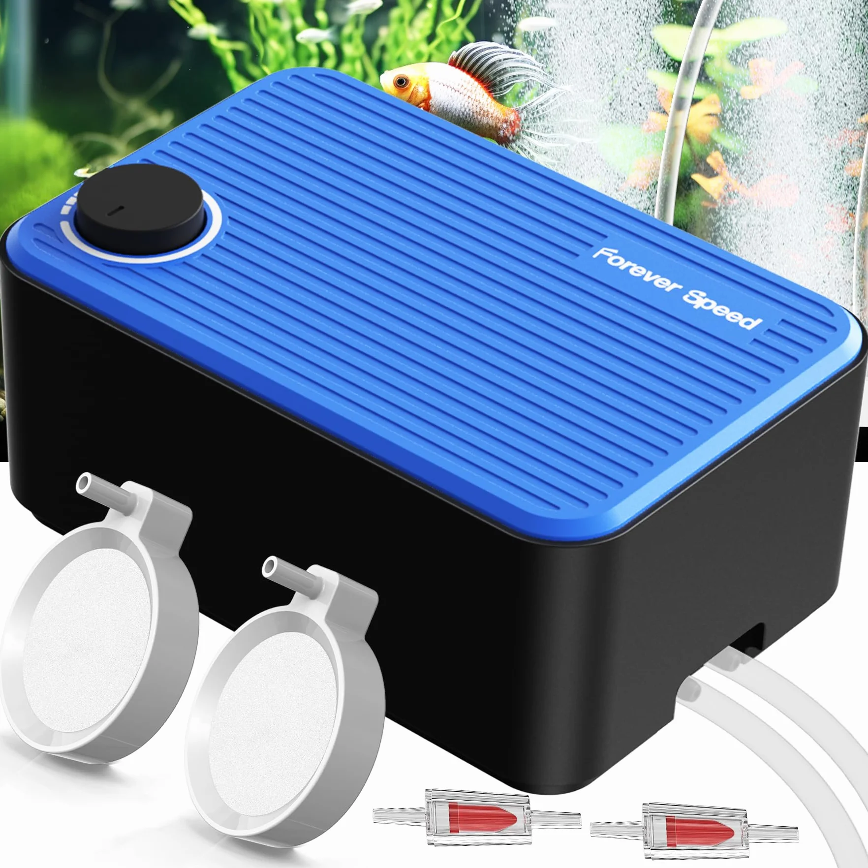 Forever Speed Bomba de Aire para Acuario Ultra Silencioso＜40 dB, 8W Ajustable Oxigenador Acuario con Accesorios hasta 600L, Bomba Aire Acuario con 2 Tomas