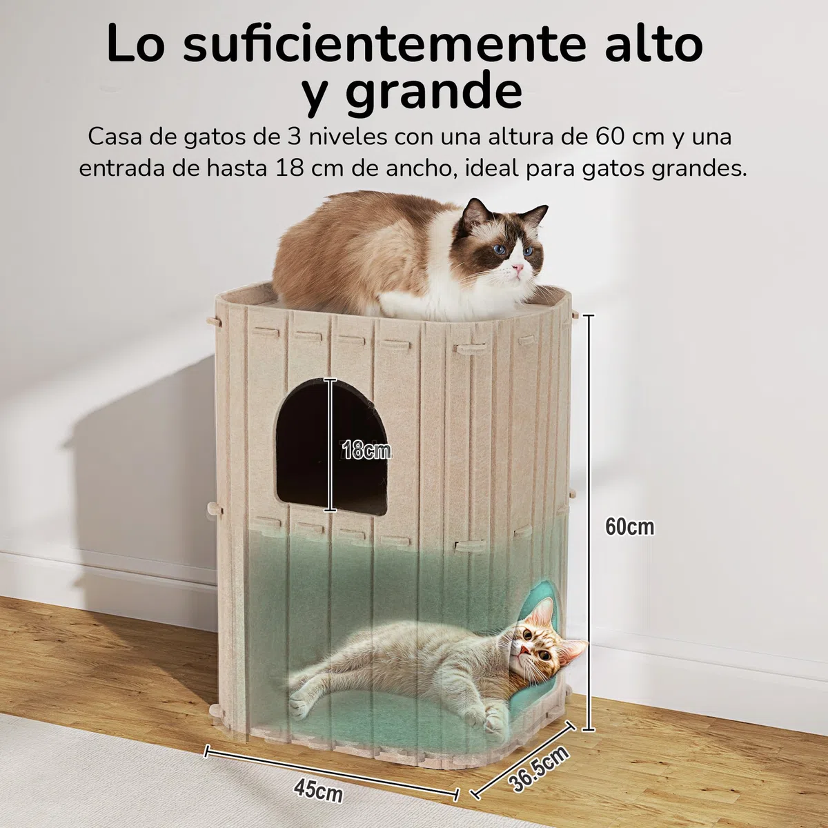 FUKUMARU Cueva Estable de Fieltro para Gatos, Cama de 3 Capas, para Dormir, Jugar y Esconderse, Beige, 45 x 37 x 60 cm, Grande, Beige