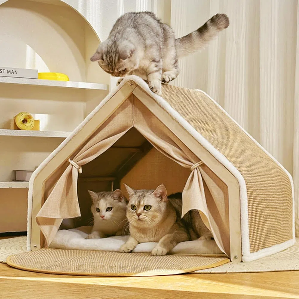 Casa para gatos, tienda de campaña para gatos, de sisal, 2 en 1, de madera, para interiores, casa para gatos con tabla rascadora para gatos de interior, cálido refugio para gatos
