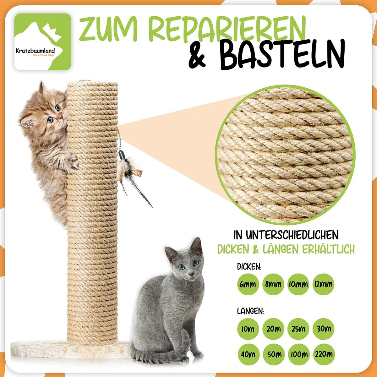 Cuerda de sisal de 10 mm para rascar, cuerda de árbol de gato (diferentes longitudes).