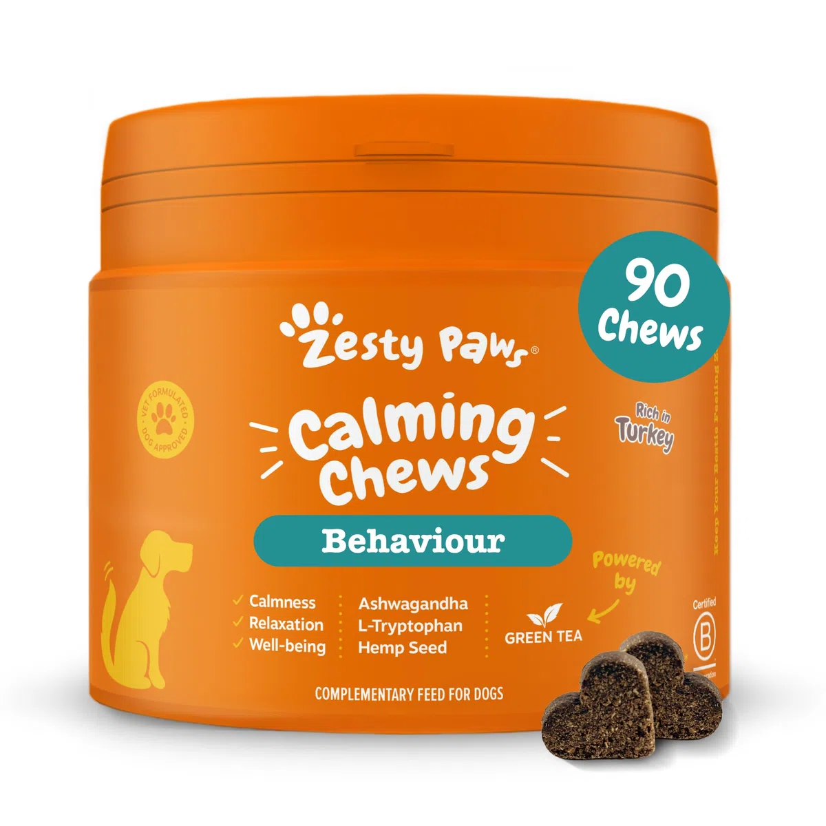 Suplemento calmante Zesty Paws para Perros | Alivio de ansiedad | Relajación y Estrés | Ashwagandha, Té Verde y L-Triptófano | Tabletas calmantes para Perros | 90 Piezas