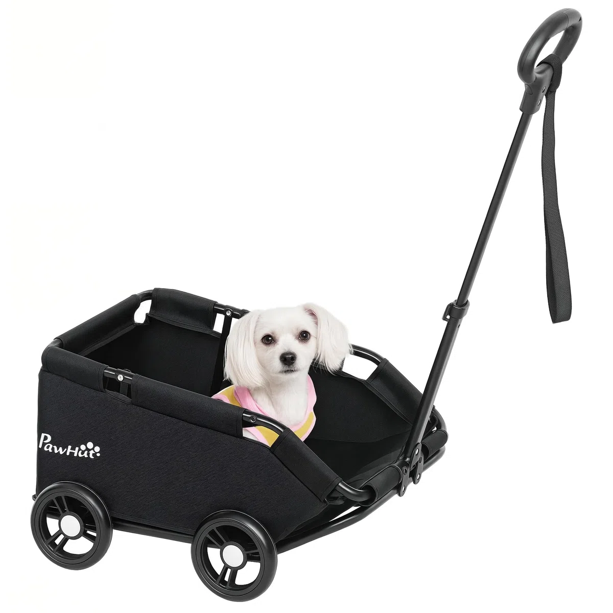 PawHut Carrito para Perros Plegable Cochecito para Mascotas Carrito para Perros Miniatura con Barra de Empuje Ajustable Diseño Abierto Cojín Bolsa de Almacenamiento y Ruedas 53x45x28 cm Negro