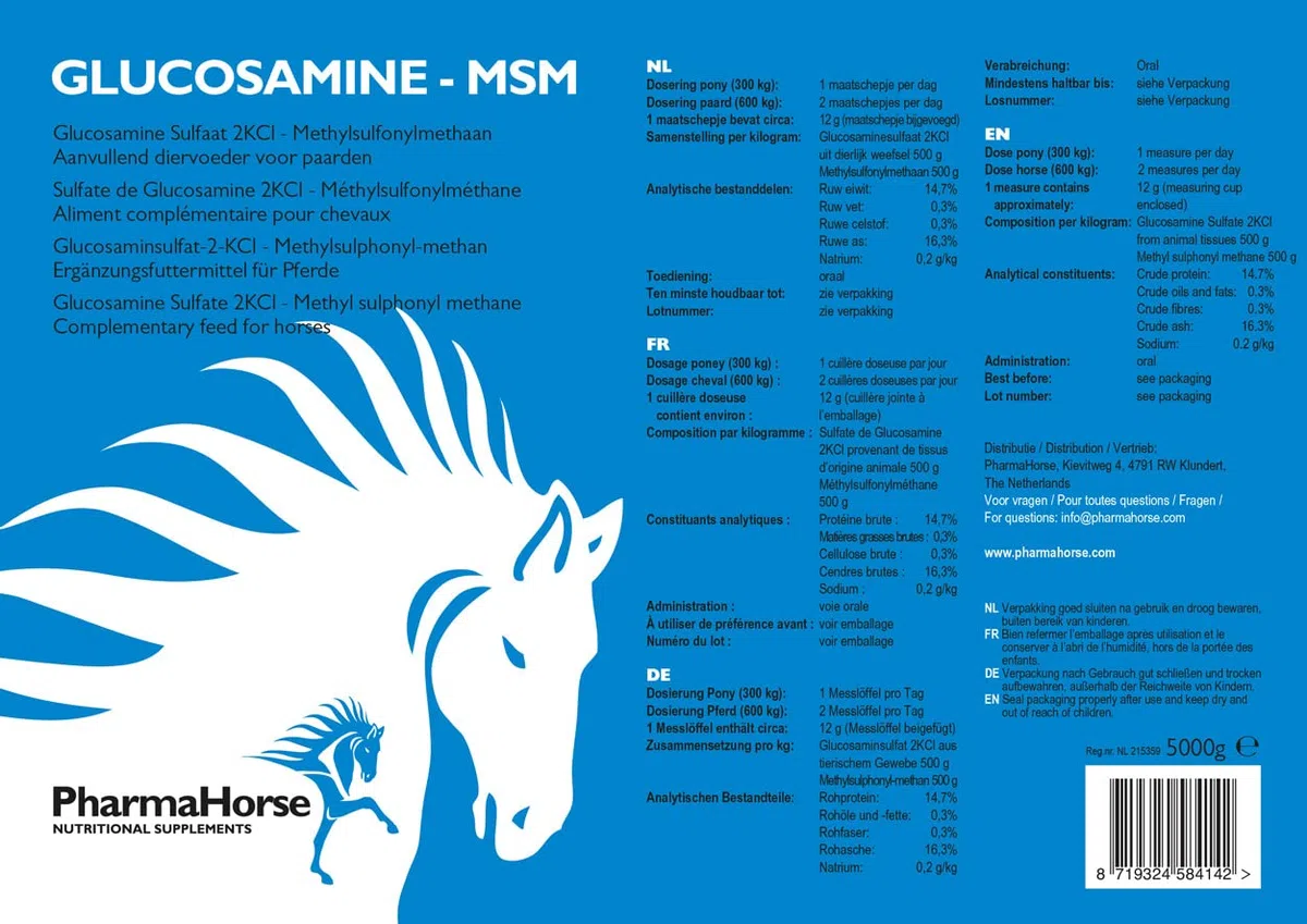 PharmaHorse Glucosamine & MSM | Articulation Cheval | Supplément pour Cheval | Sans sucre ajouté | Sulfate de glucosamine 100% Pur | Sans dopage | 5000 grammes